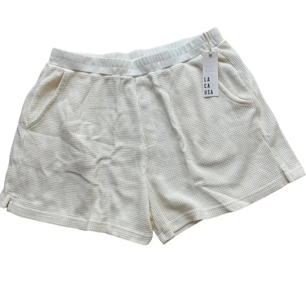 NWT LACAUSA Dakota Panna Cotta Ivory Stretchy Waffle Print Shorts Size XL
